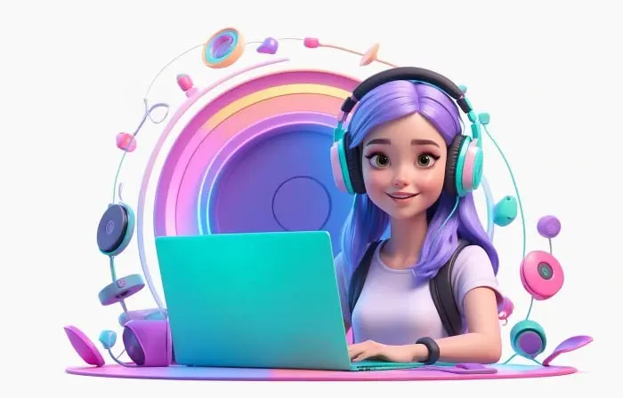 Girl Listening to Music 3D Cartoon Design Illustration